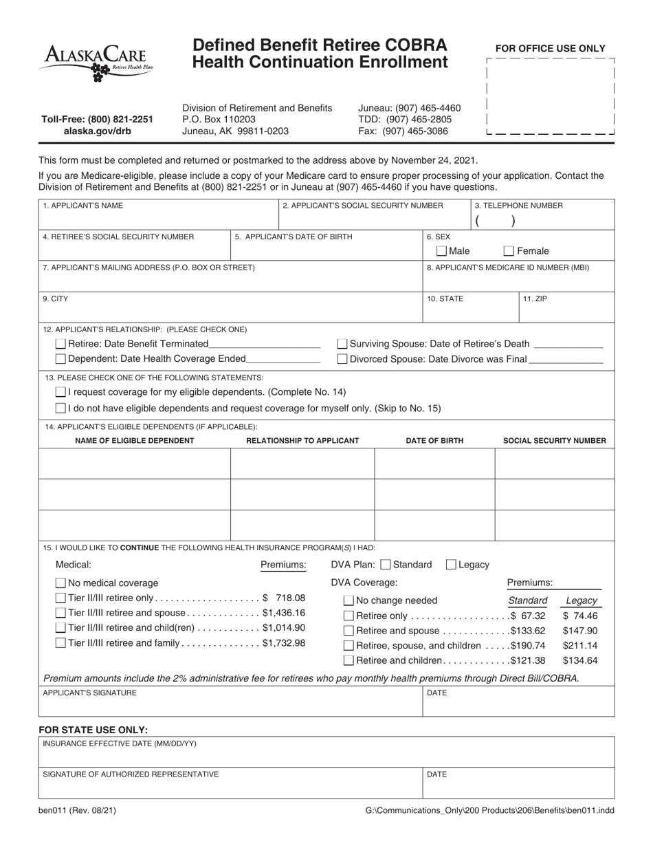 Form BEN011 Defined Benefit Retiree Cobra Health Continuation Enrollment - Alaska, Page 1