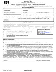 Form 851 Request for Research or Verification of Motor Vehicle Record - Alaska