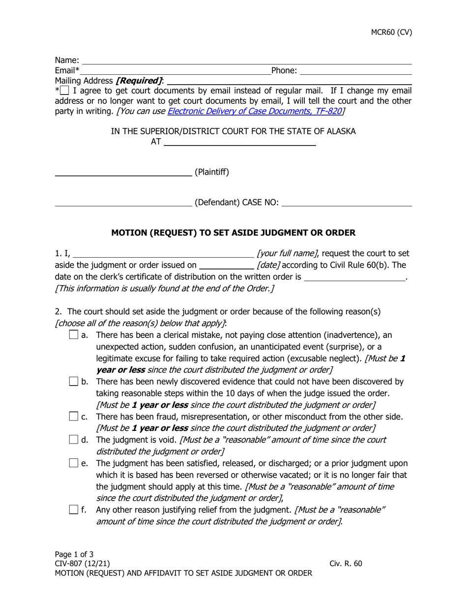 Form CIV-807 Motion (Request) to Set Aside Judgment or Order - Alaska, Page 1