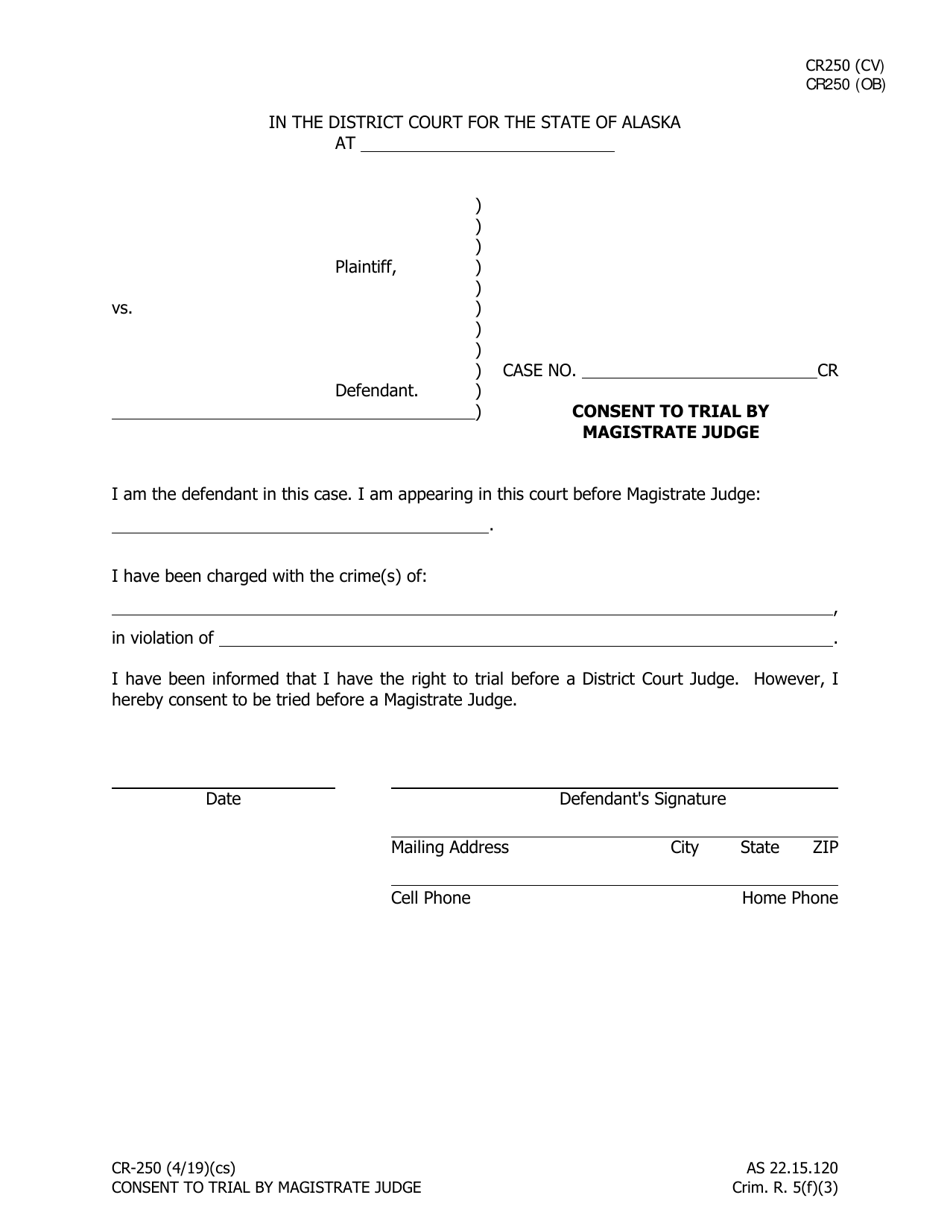 Form CR-250 Consent to Trial by Magistrate Judge - Alaska, Page 1