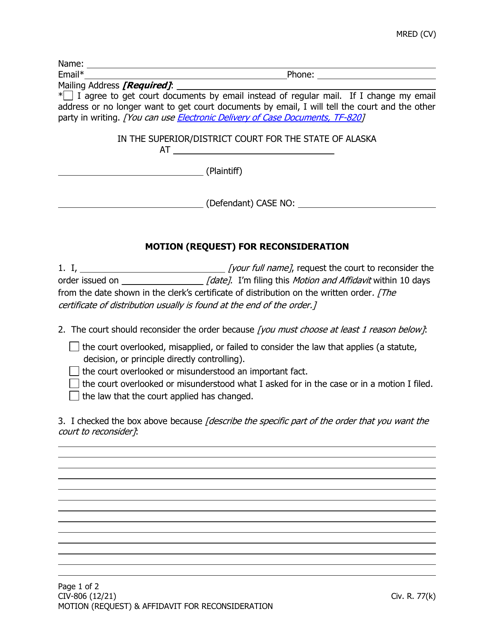 Form CIV-806 Motion (Request) for Reconsideration - Alaska