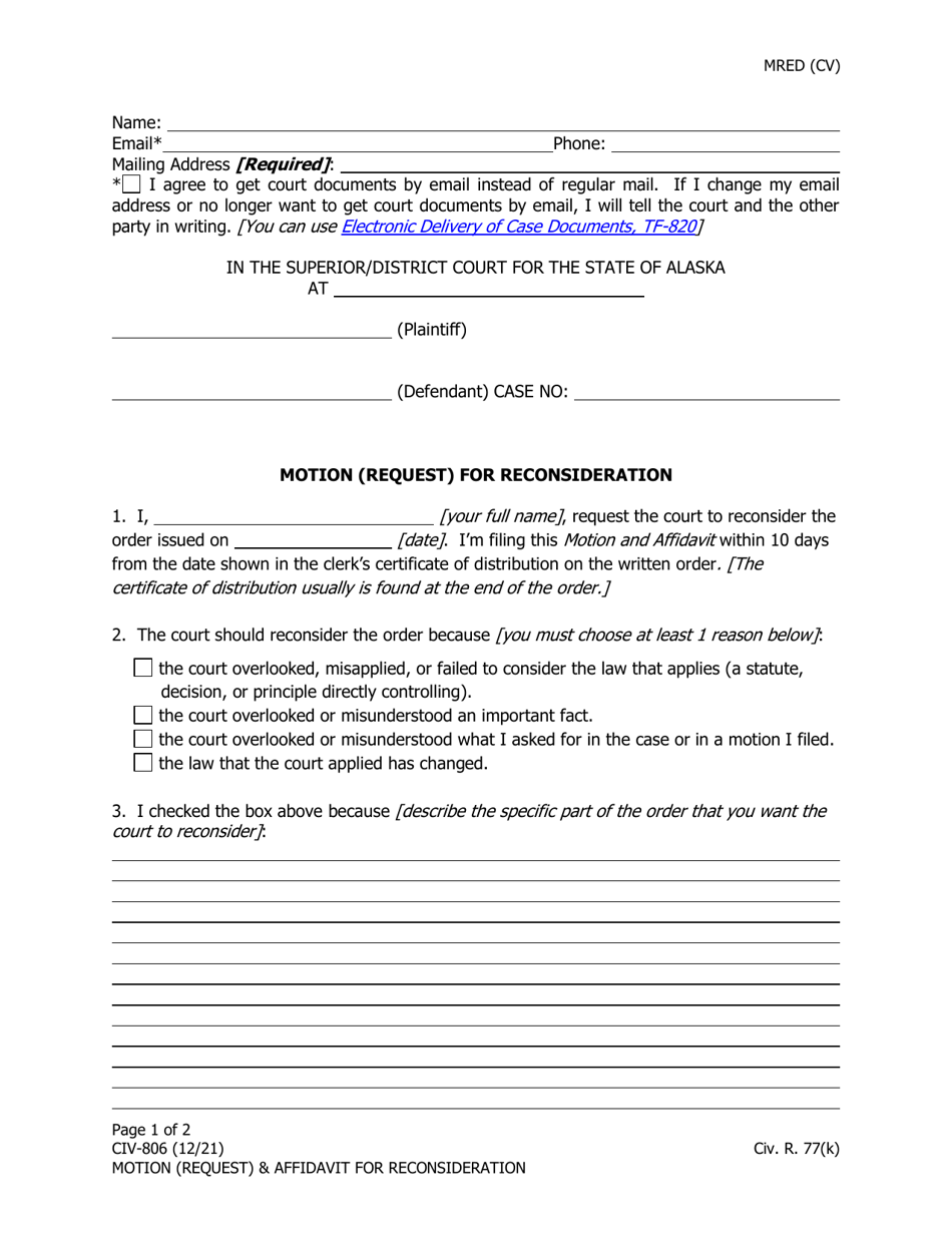 Form CIV806 Fill Out, Sign Online and Download Fillable PDF, Alaska