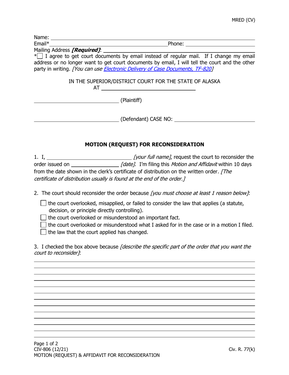 Form CIV-806 Motion (Request) for Reconsideration - Alaska, Page 1