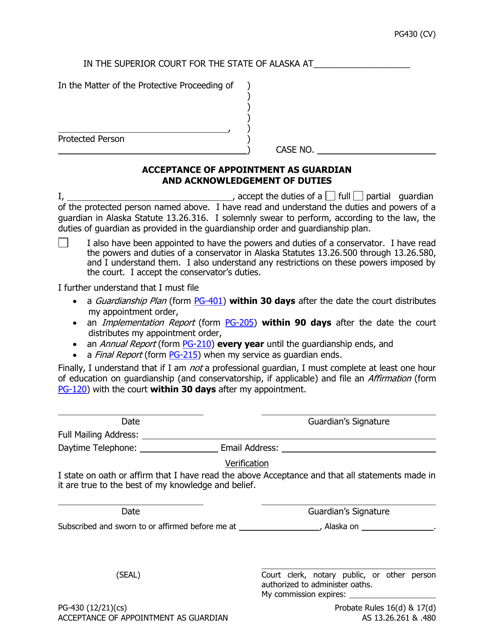 Form PG-430 Acceptance of Appointment as Guardian and Acknowledgement of Duties - Alaska