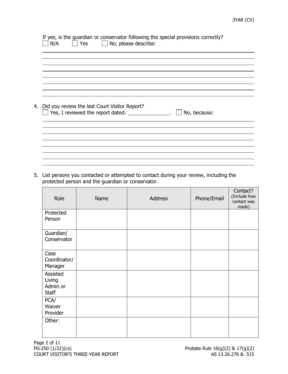 Form PG-250 Court Visitors Three-Year Report - Alaska, Page 2