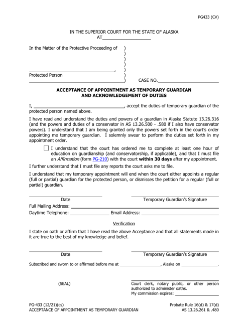Form PG-433 Acceptance of Appointment as Temporary Guardian and Acknowledgement of Duties - Alaska