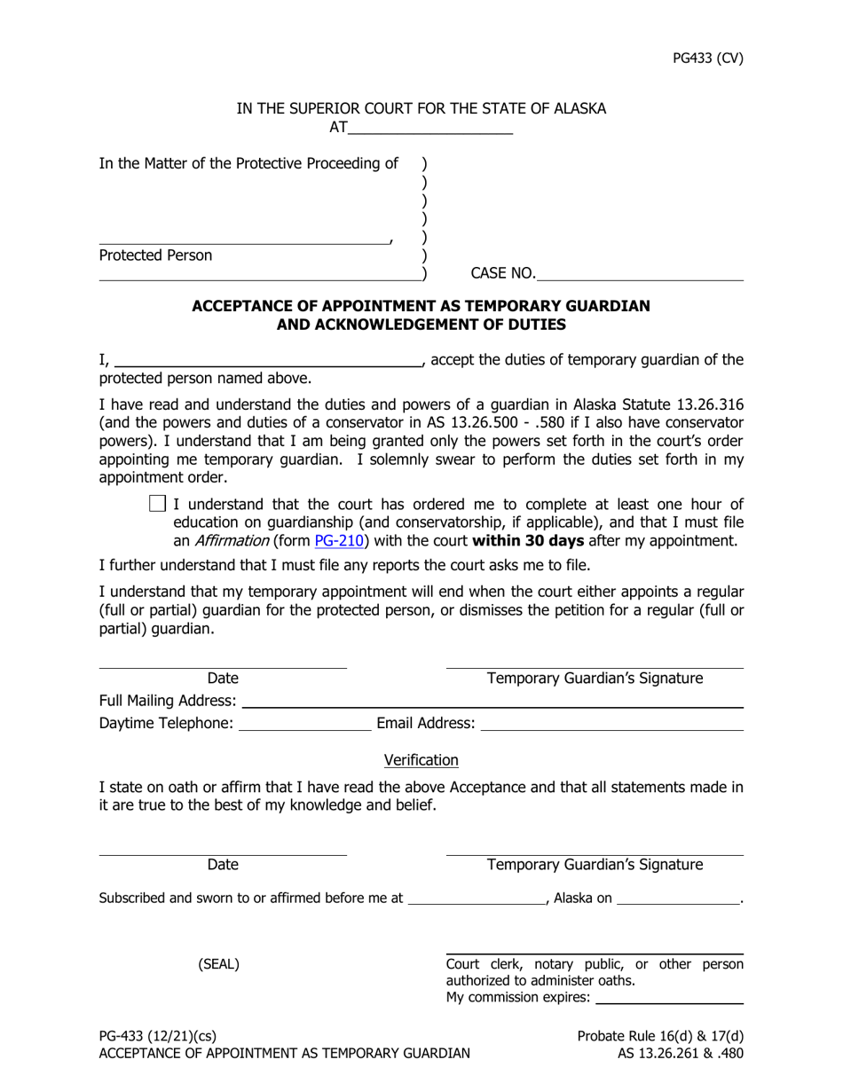 Form PG-433 Acceptance of Appointment as Temporary Guardian and Acknowledgement of Duties - Alaska, Page 1