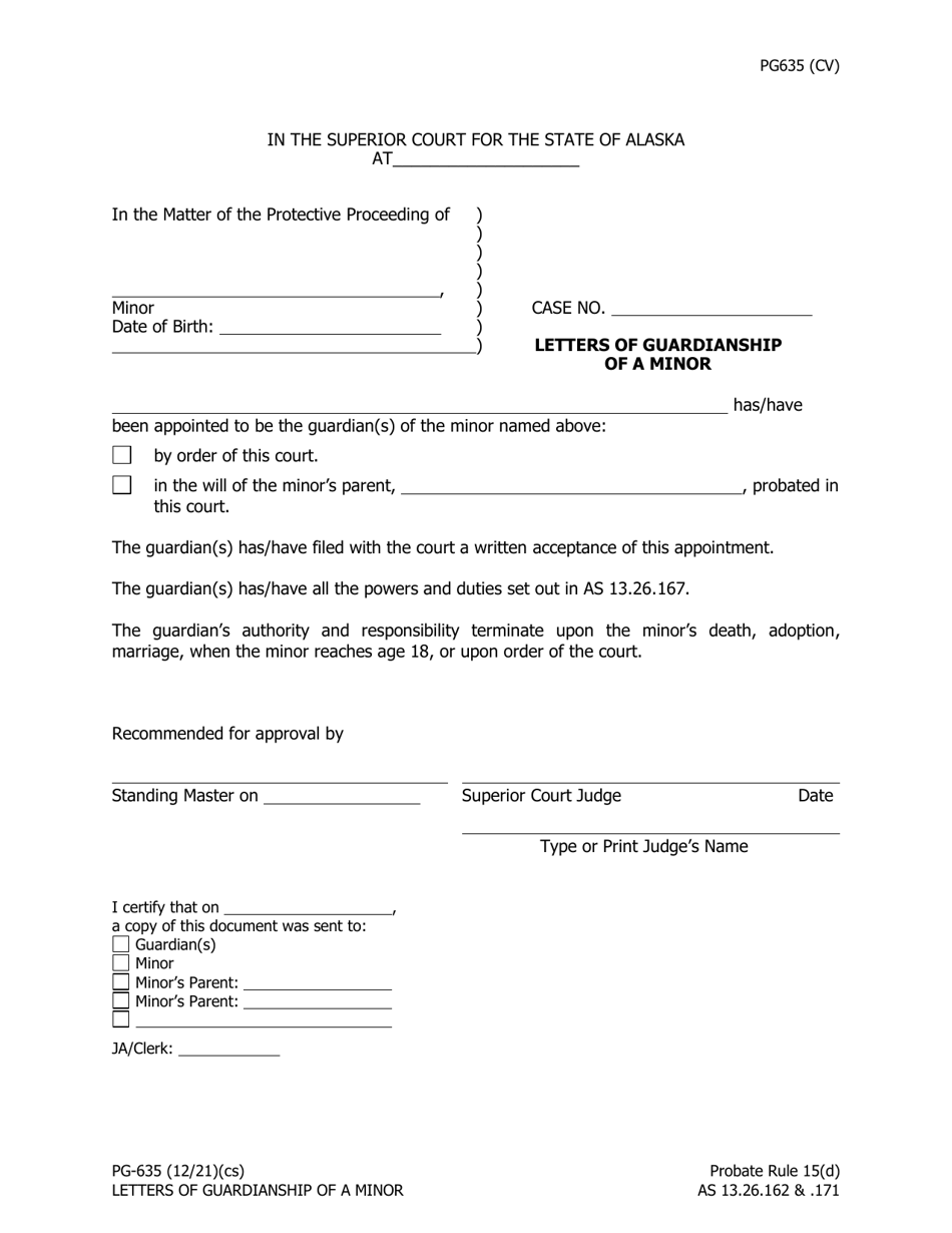 Form PG-635 Letters of Guardianship of a Minor - Alaska, Page 1