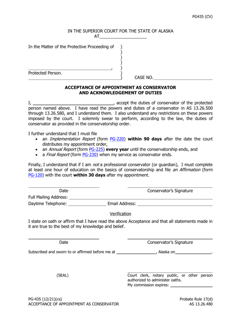 Form PG-435 Acceptance of Appointment as Conservator and Acknowledgement of Duties - Alaska