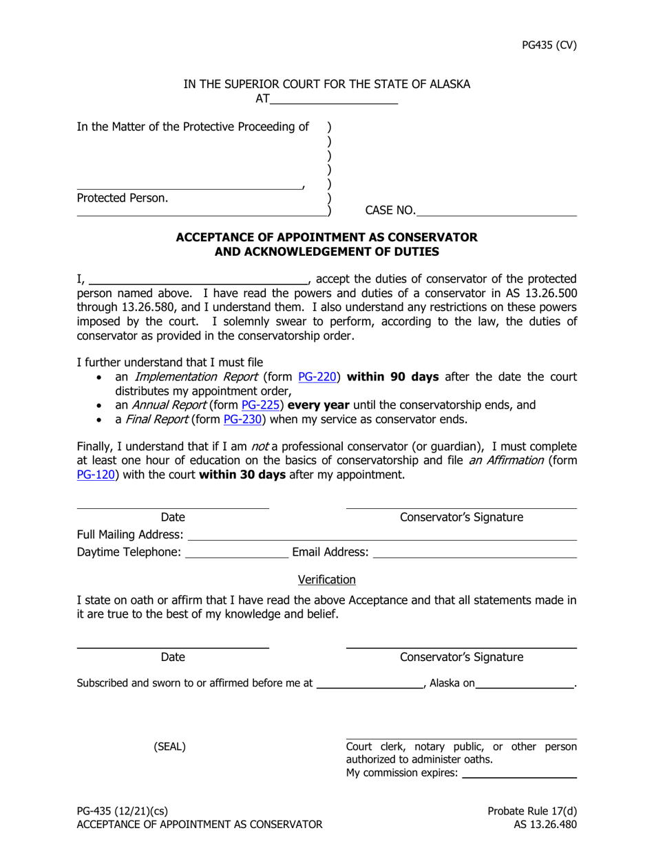 Form PG-435 Acceptance of Appointment as Conservator and Acknowledgement of Duties - Alaska, Page 1