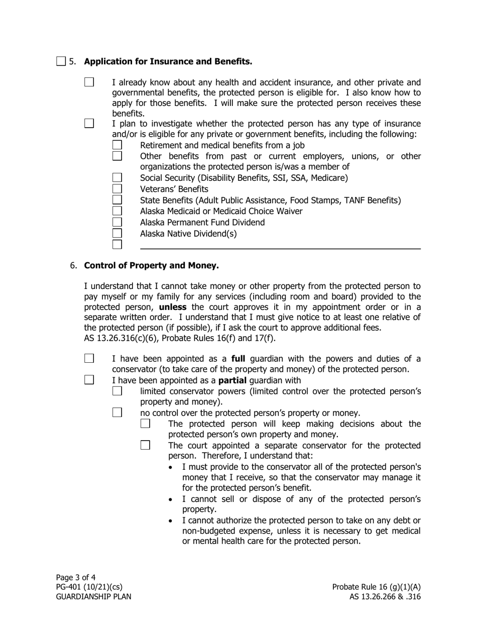 Form PG-401 Guardianship Plan - Alaska, Page 3