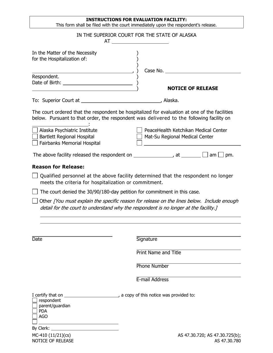 Form MC-410 Notice of Release - Alaska, Page 1
