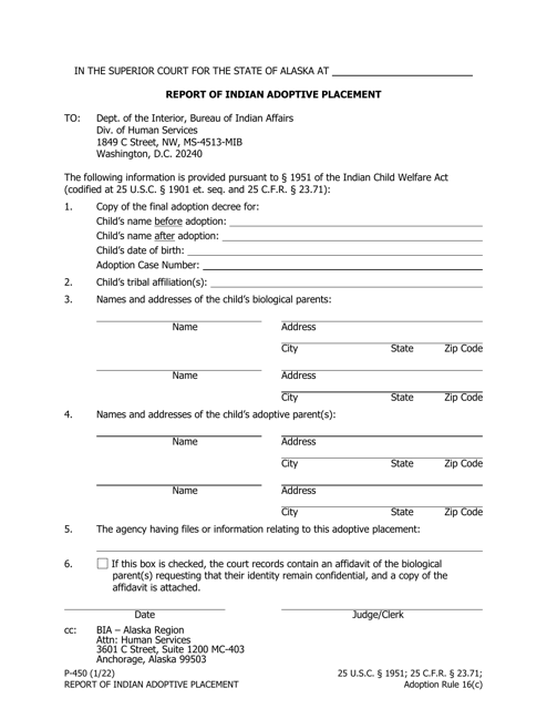 Form P-450 Report of Indian Adoptive Placement - Alaska