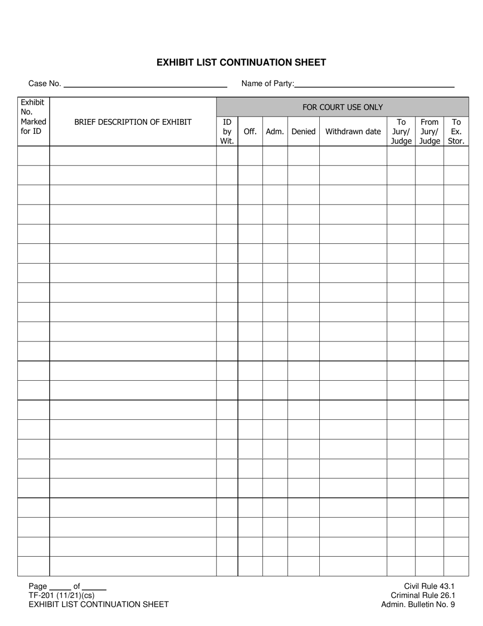 Form TF-201 Exhibit List Continuation Sheet - Alaska, Page 1