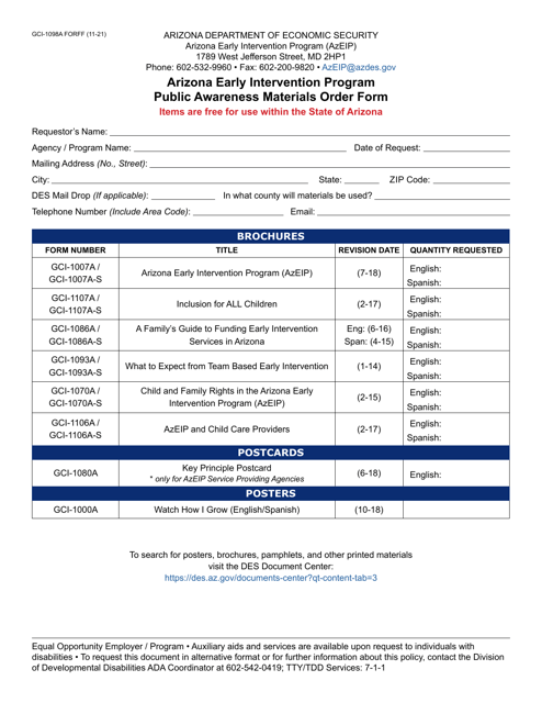 Form GCI-1098A Public Awareness Materials Order Form - Arizona Early Intervention Program - Arizona