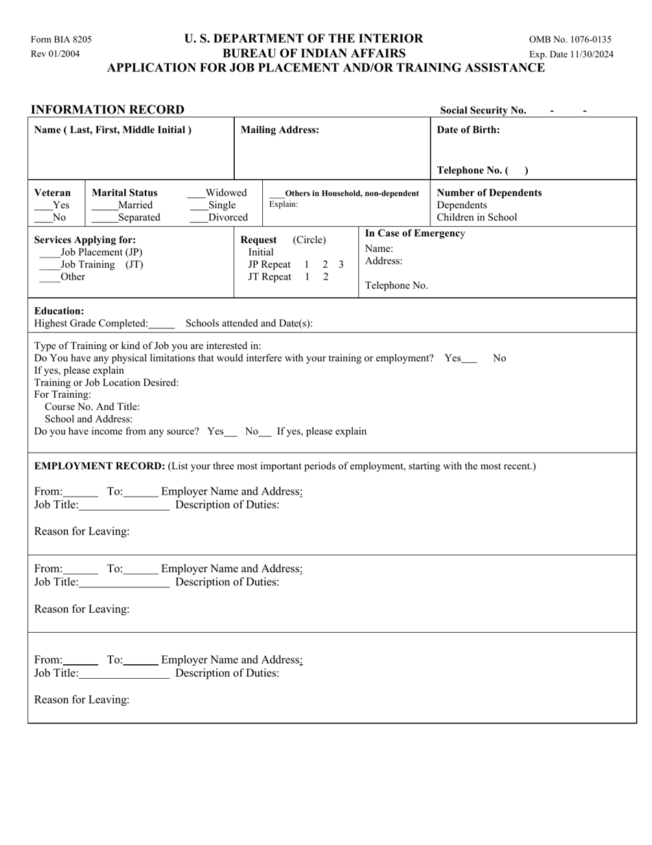 BIA Form 8205 Application for Job Placement and / or Training Assistance, Page 1
