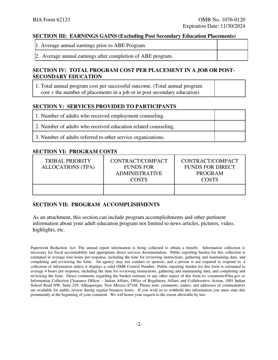 BIA Form 62123 Adult Education Program Annual Report Form, Page 2
