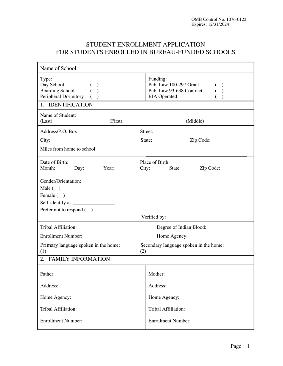 Student Enrollment Application for Students Enrolled in Bureau-Funded Schools, Page 1