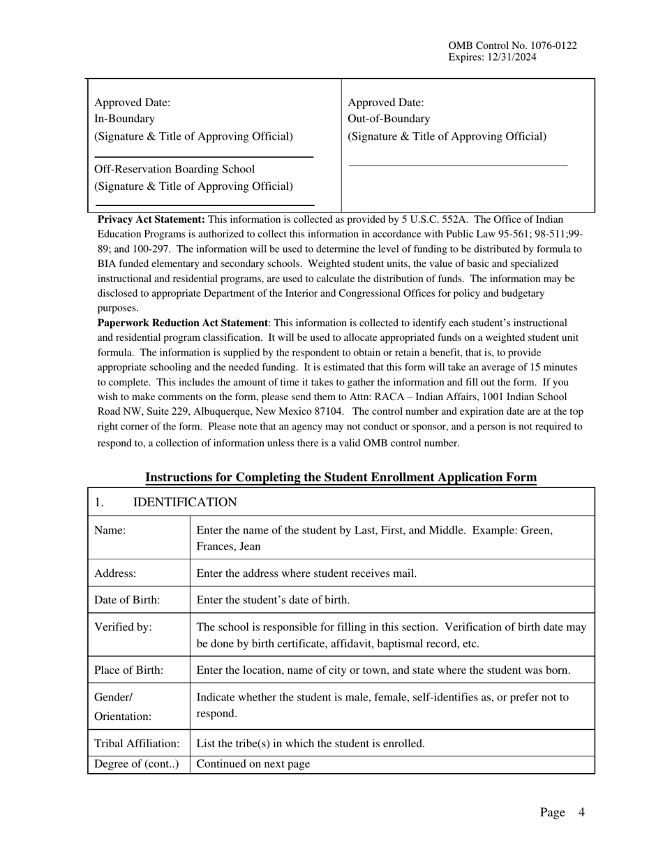 Student Enrollment Application for Students Enrolled in Bureau-Funded Schools, Page 4