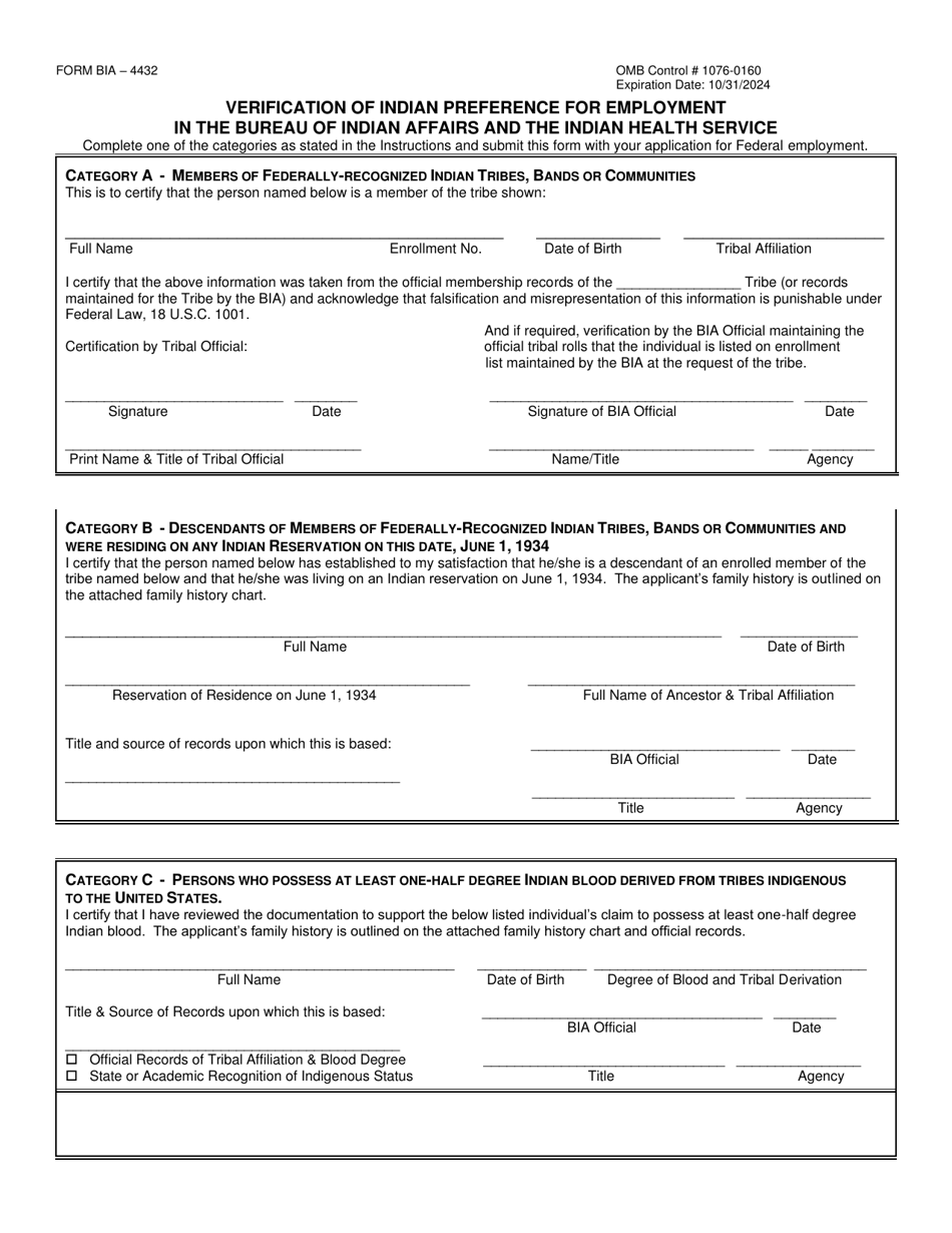 BIA Form 4432 Verification of Indian Preference for Employment in the Bureau of Indian Affairs and the Indian Health Service, Page 1