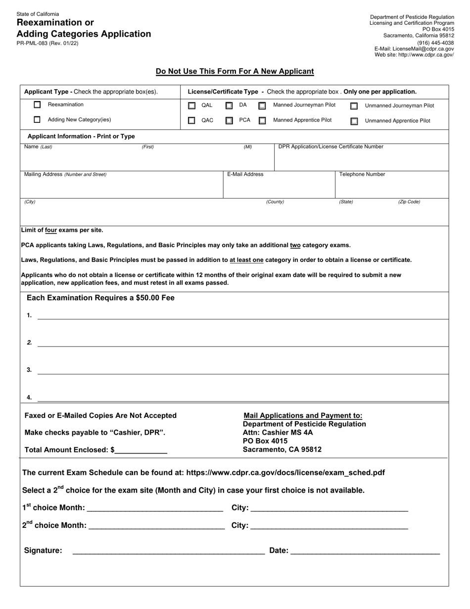 Form PR-PML-083 Reexamination or Adding Categories Application - California, Page 1