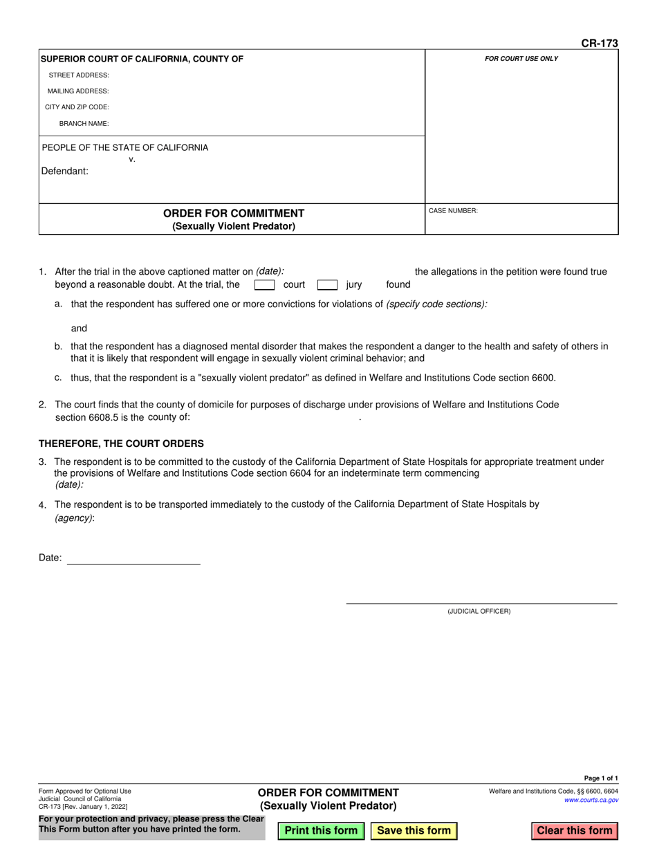 Form CR-173 Order for Commitment (Sexually Violent Predator) - California, Page 1