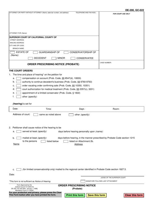 Form DE-200 (GC-022) Order Prescribing Notice (Probate) - California