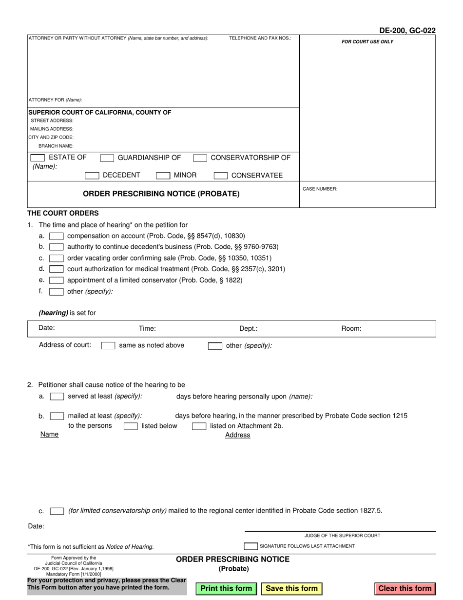 Form DE-200 (GC-022) Order Prescribing Notice (Probate) - California, Page 1