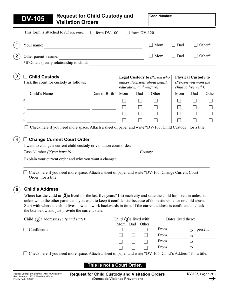 Form DV-105 Request for Child Custody and Visitation Orders - California, Page 1