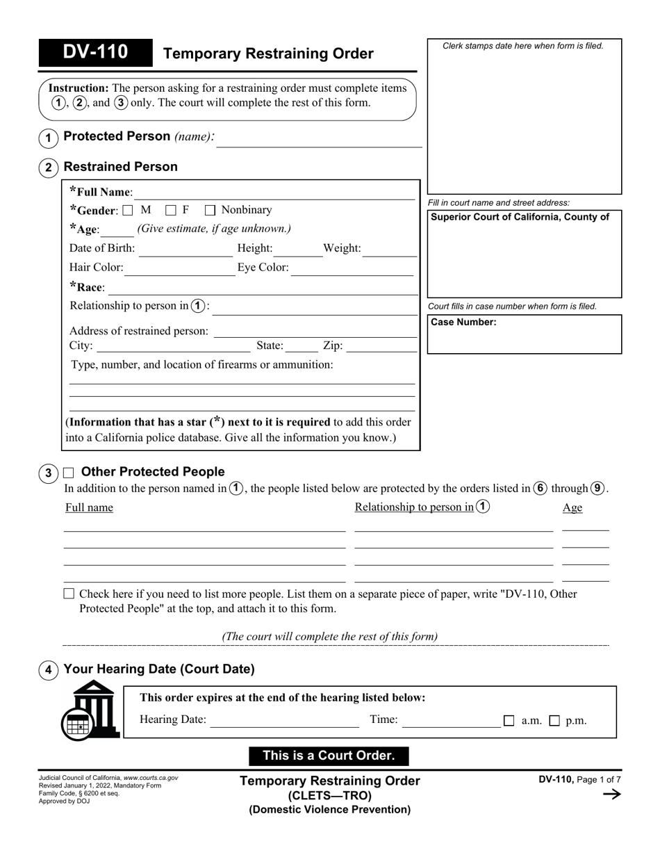 Form DV-110 Temporary Restraining Order - California, Page 1