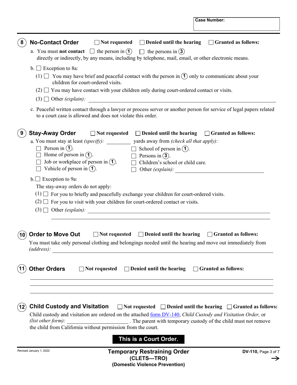 Form DV-110 Temporary Restraining Order - California, Page 3