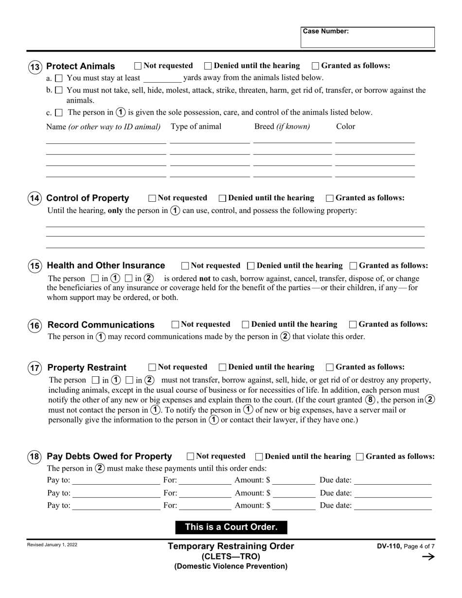 Form DV-110 Temporary Restraining Order - California, Page 4