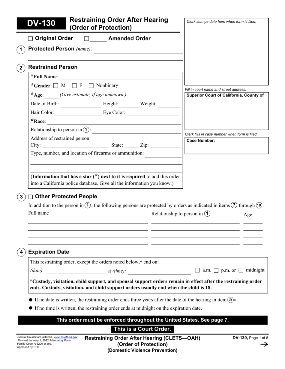 Form DV-130 Restraining Order After Hearing (Order of Protection) - California, Page 1