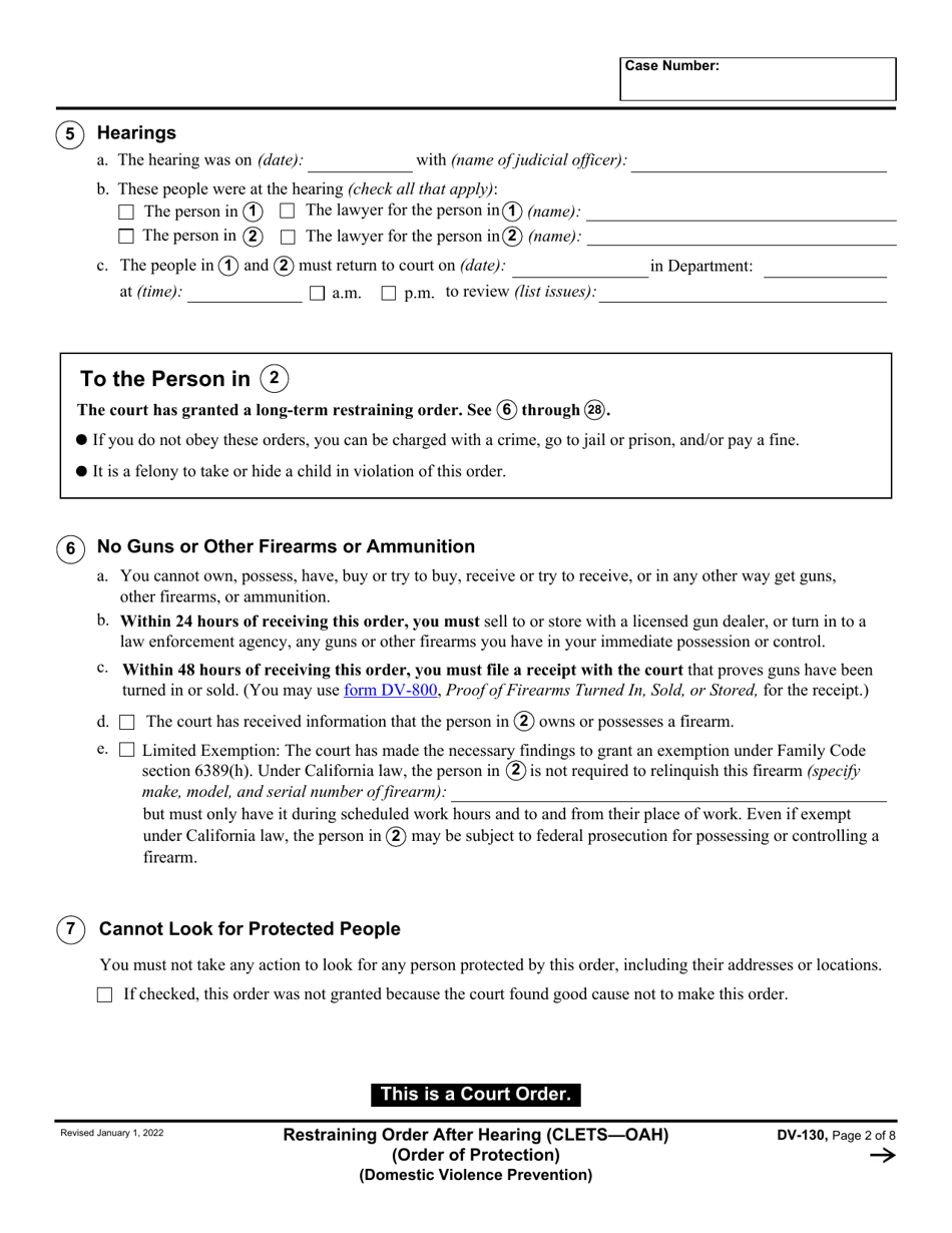 Form DV-130 Restraining Order After Hearing (Order of Protection) - California, Page 2