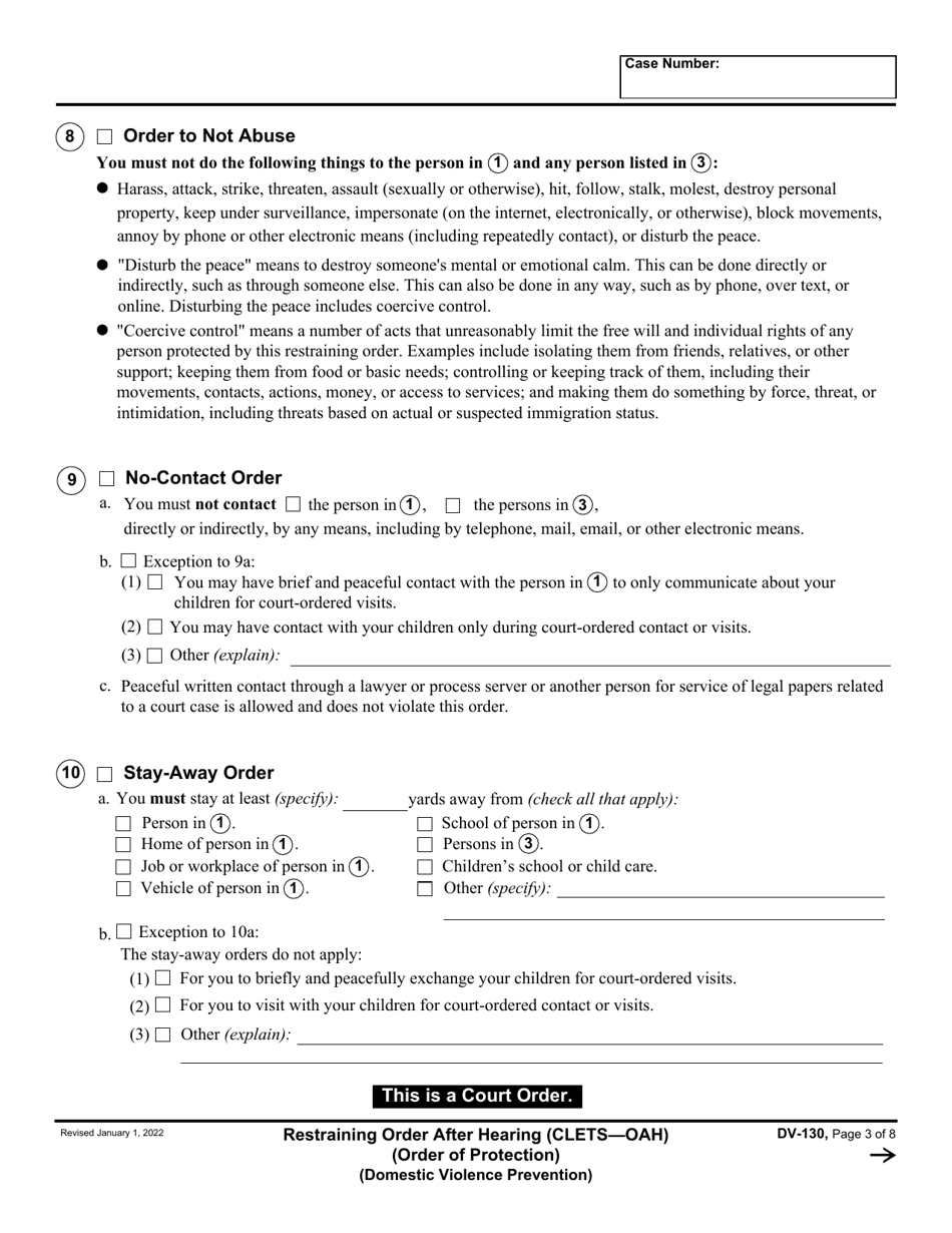 Form DV-130 Restraining Order After Hearing (Order of Protection) - California, Page 3