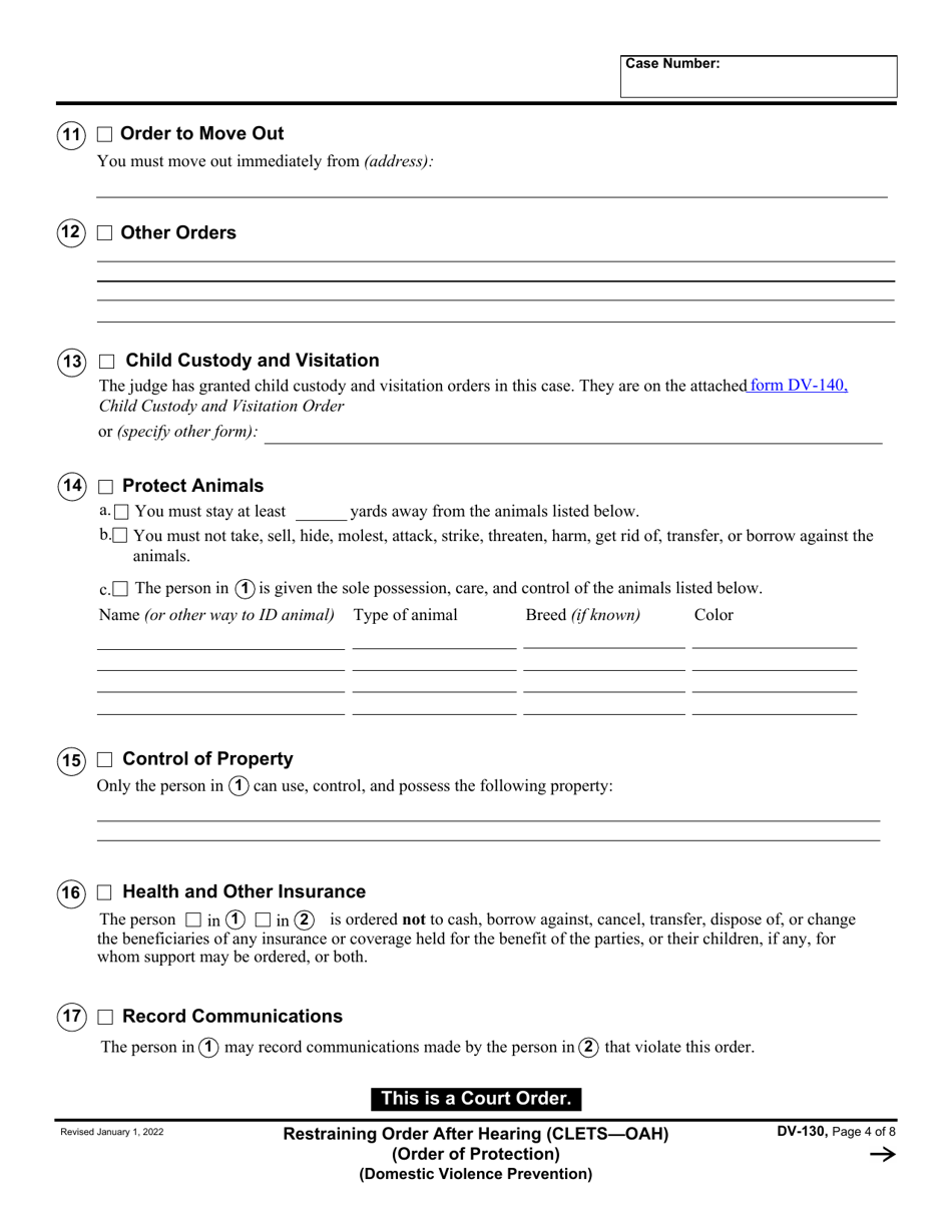 Form DV-130 Restraining Order After Hearing (Order of Protection) - California, Page 4