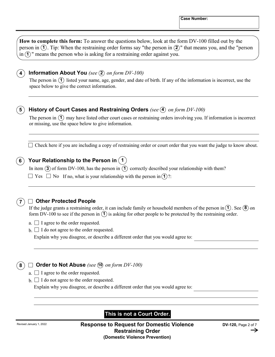 Form DV-120 Response to Request for Domestic Violence Restraining Order - California, Page 2