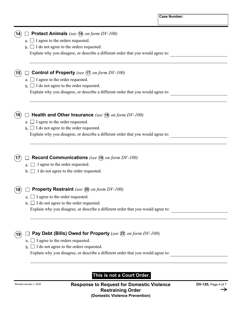 Form DV-120 Response to Request for Domestic Violence Restraining Order - California, Page 4