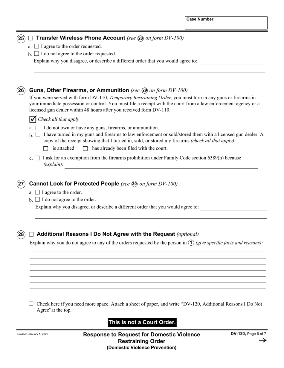 Form DV-120 Response to Request for Domestic Violence Restraining Order - California, Page 6