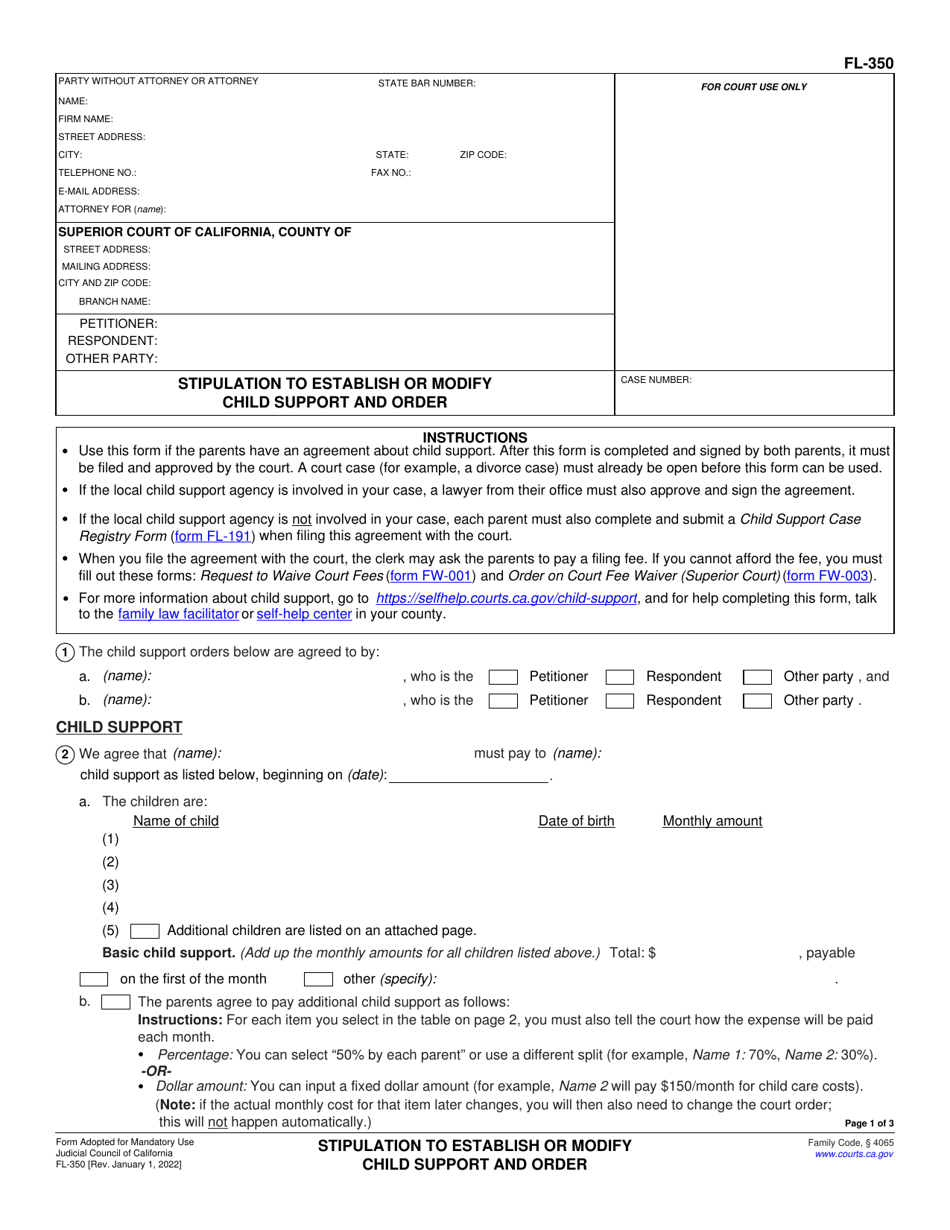 Form FL-350 Download Fillable PDF or Fill Online Stipulation to ...