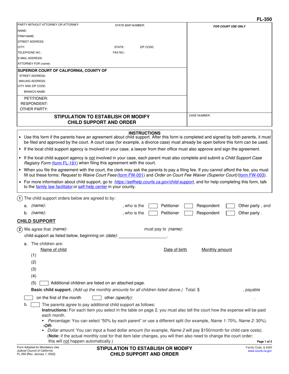 Form FL-350 Stipulation to Establish or Modify Child Support and Order - California, Page 1