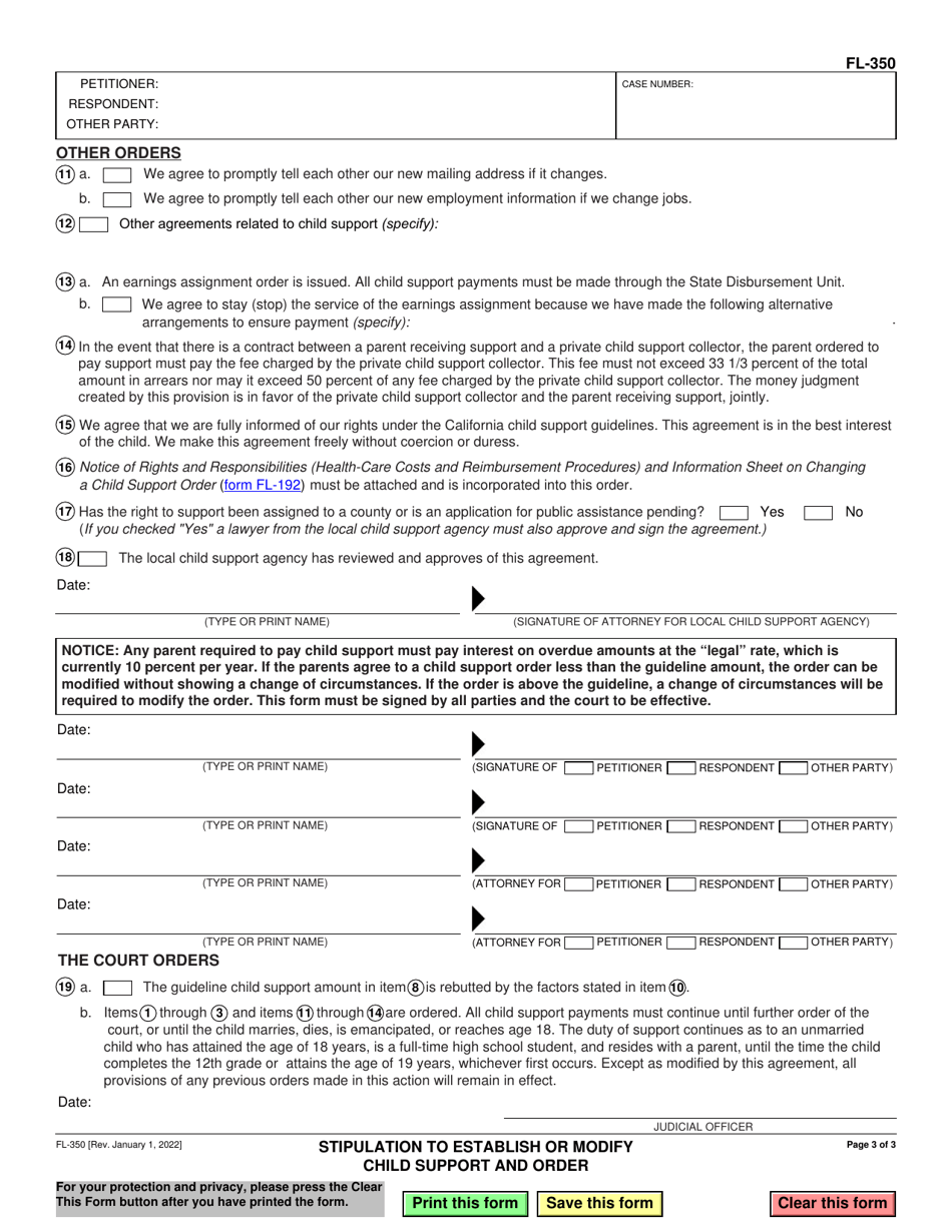 Form FL-350 Stipulation to Establish or Modify Child Support and Order - California, Page 3