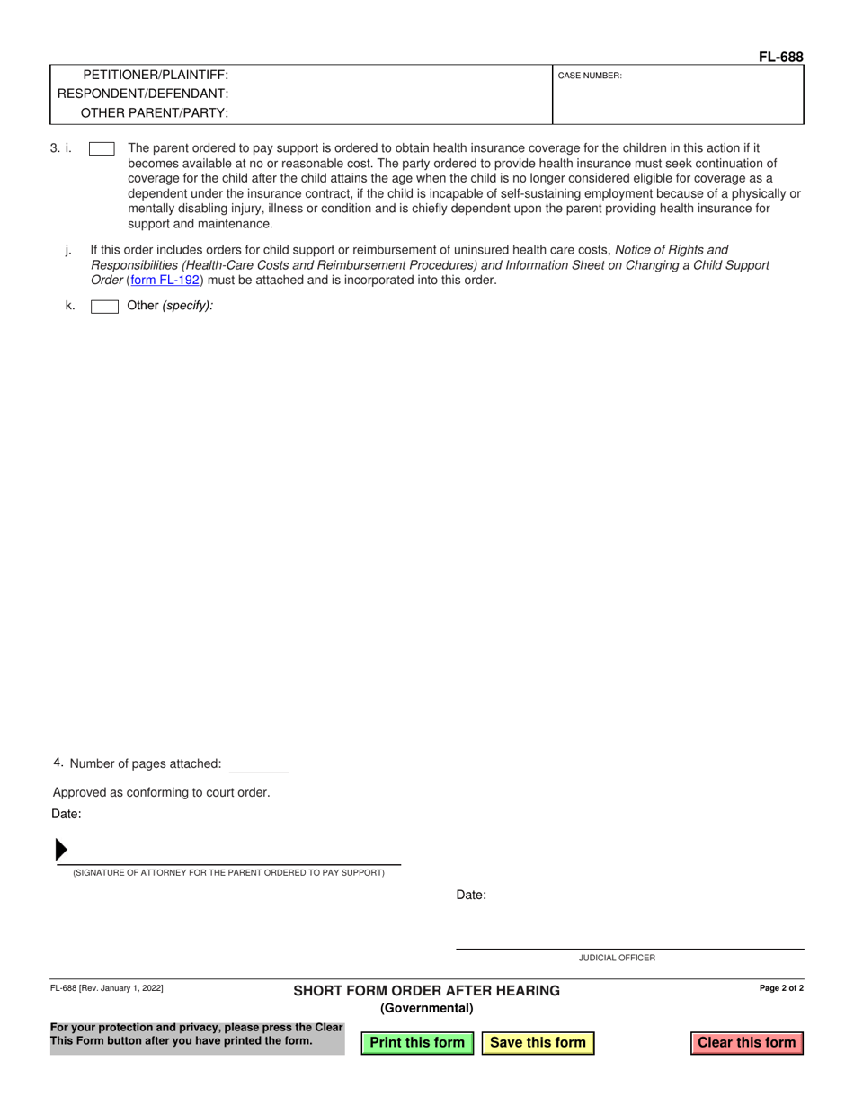 Form FL-688 Short Form Order After Hearing - California, Page 2