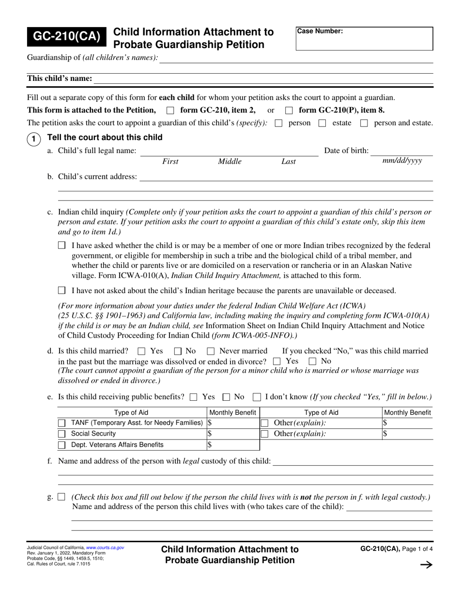 Form GC-210(CA) Child Information Attachment to Probate Guardianship Petition - California, Page 1