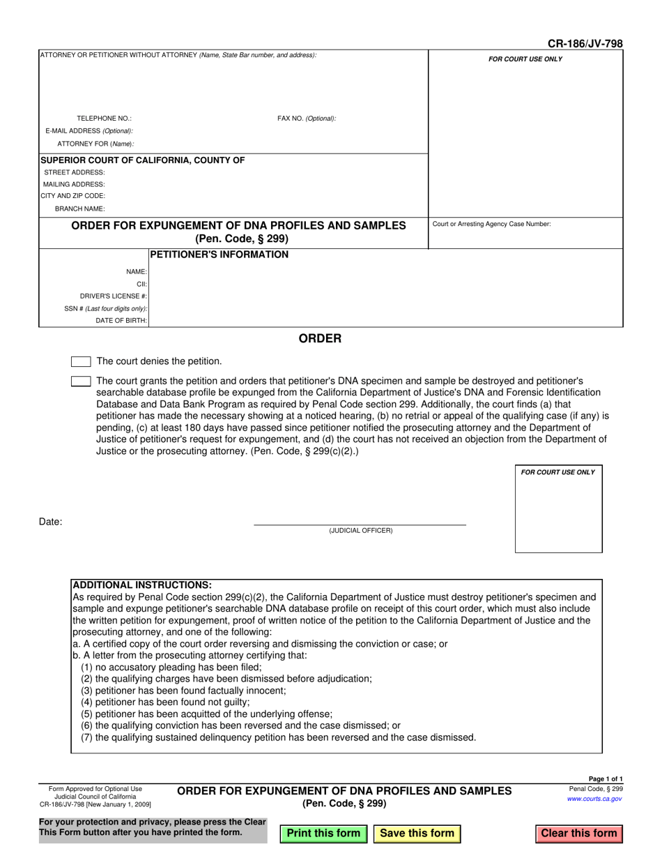 Form CR-186 (JV-798) Order for Expungement of Dna Profiles and Samples - California, Page 1