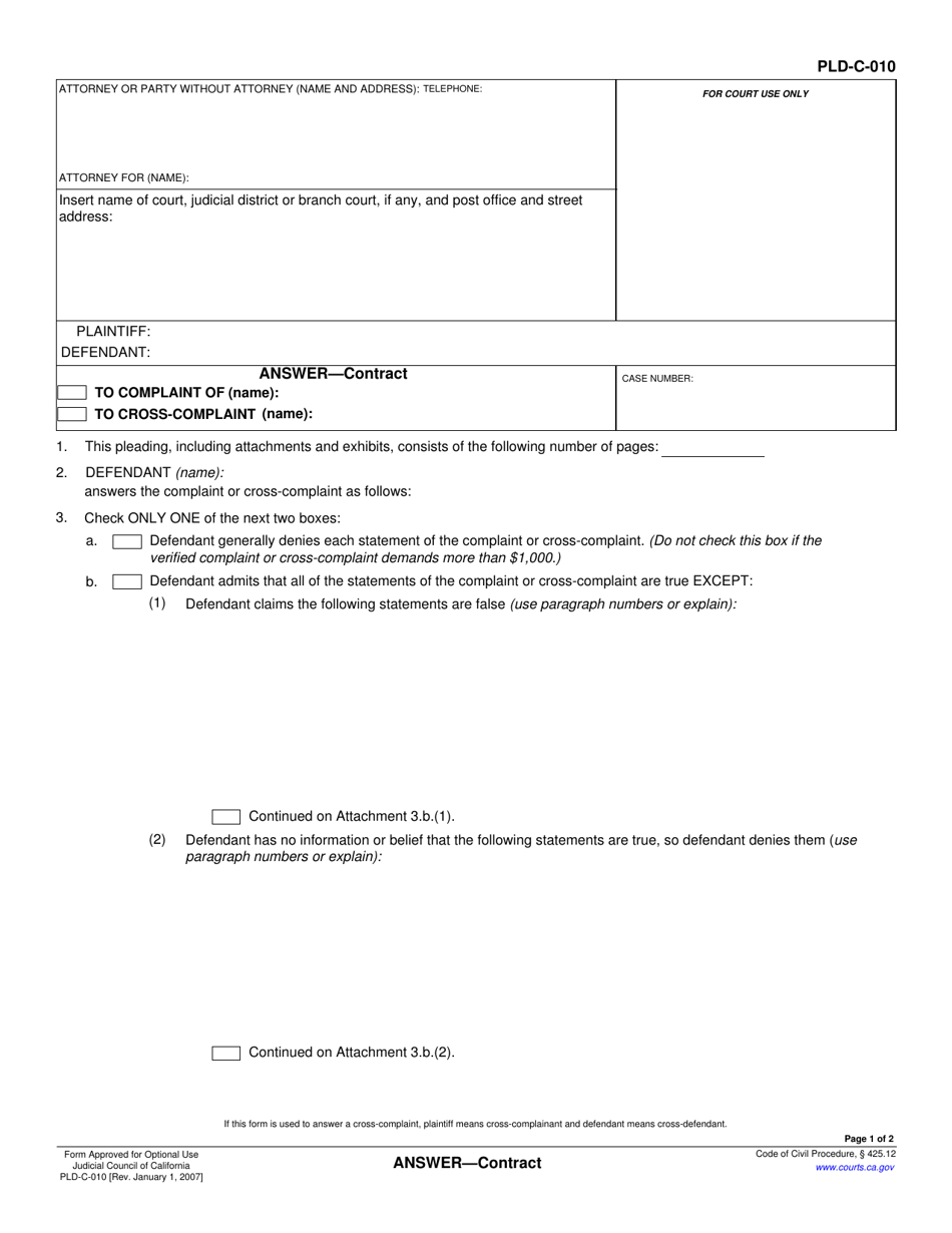 Form PLD-C-010 Answer - Contract - California, Page 1