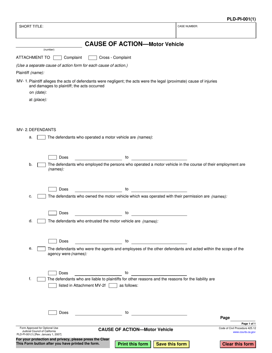 Form PLD-PI-001(1) Cause of Action - Motor Vehicle - California, Page 1