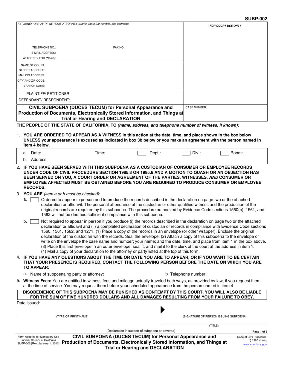 Form SUBP-002 Civil Subpoena (Duces Tecum) for Personal Appearance and Production of Documents, Electronically Stored Information, and Things at Trial or Hearing and Declaration - California, Page 1