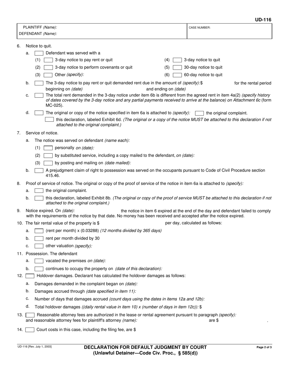 Form UD-116 Declaration for Default Judgment by Court (Unlawful Detainer - Code Civil Proc., 585(D)) - California, Page 2