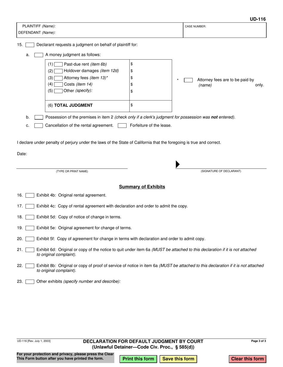 Form UD-116 Declaration for Default Judgment by Court (Unlawful Detainer - Code Civil Proc., 585(D)) - California, Page 3